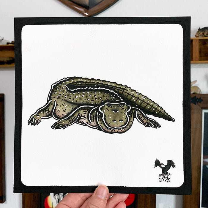 American traditional tattoo flash wildlife illustration American Alligator ink and watercolor painting.