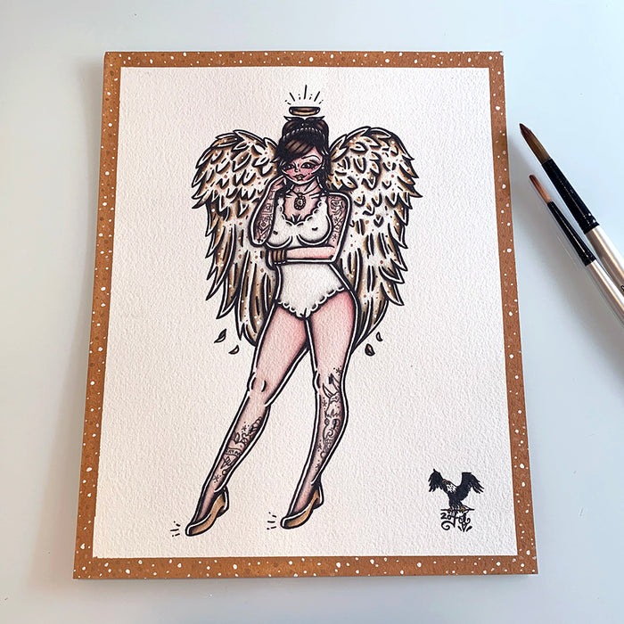 American Traditional Tattoo Flash Angel Pinup Painting.