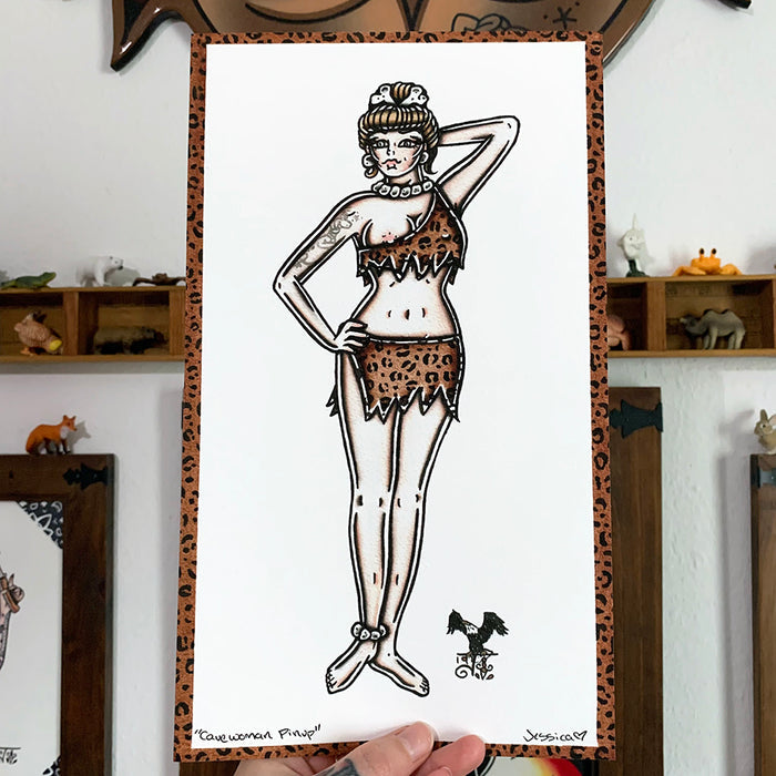American traditional tattoo flash Cavewoman Pinup watercolor print.
