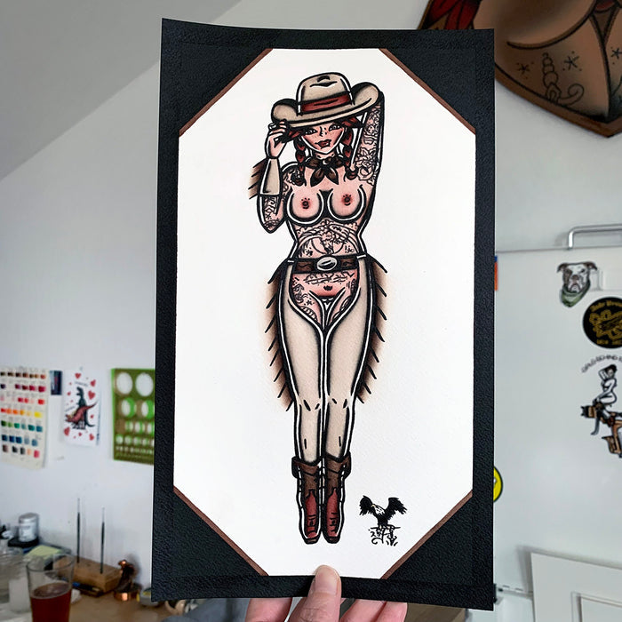 American traditional tattoo flash Fringe Chaps Western Cowgirl Pinup Watercolor painting.