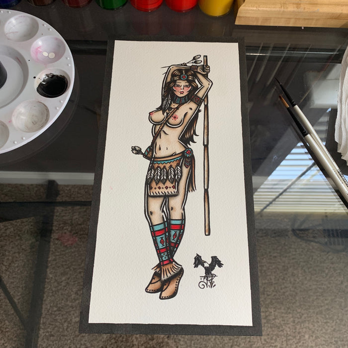 American Traditional tattoo flash Native Cherokee Pinup watercolor painting.