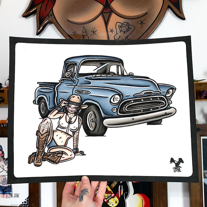American traditional tattoo flash 1955 Chevrolet Pickup Pinup watercolor painting.