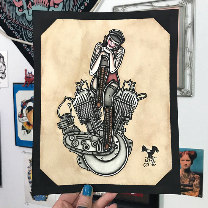 American Traditional tattoo flash sexy Harley-Davidson F-Head engine pinup spitshade painting.