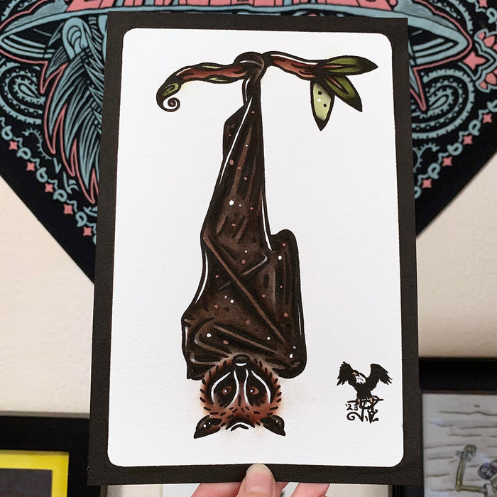 American traditional tattoo flash wildlife illustration Large Flying Fox Fruit Bat watercolor painting.