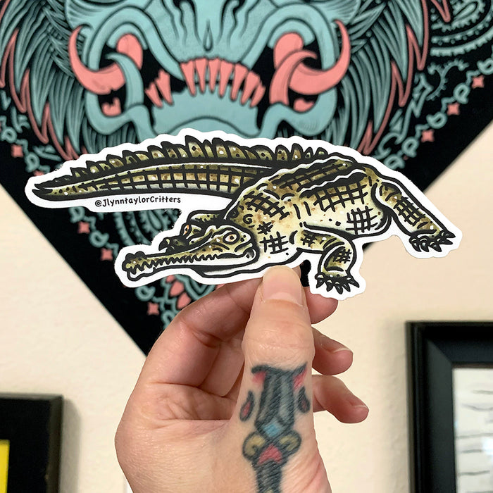 American traditional tattoo flash wildlife illustration Gharial watercolor sticker.