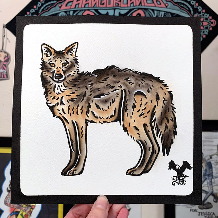 American traditional tattoo flash wildlife illustration Golden Jackal watercolor painting.
