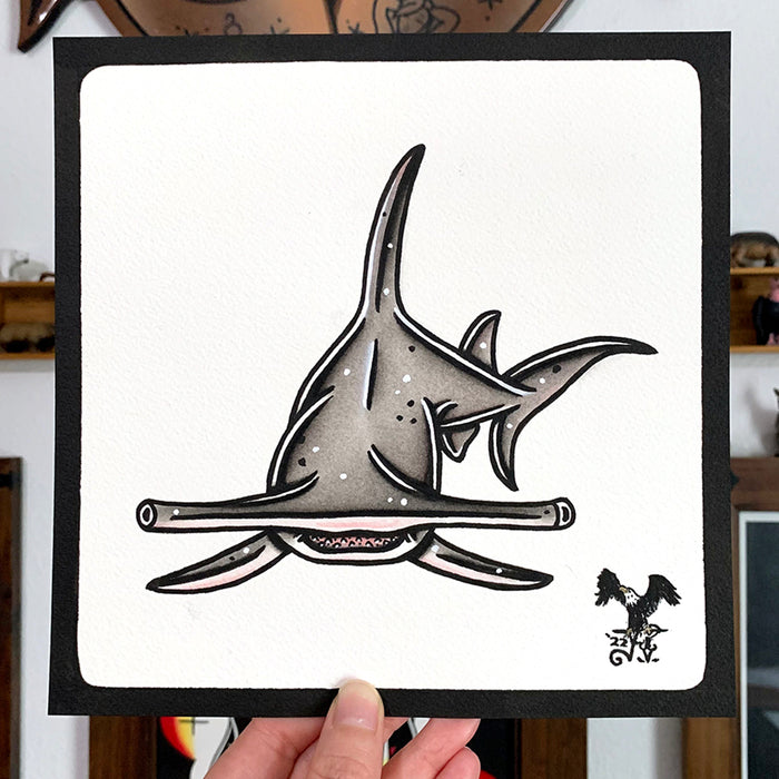 American traditional tattoo flash wildlife illustration Great Hammerhead Shark ink and watercolor painting.