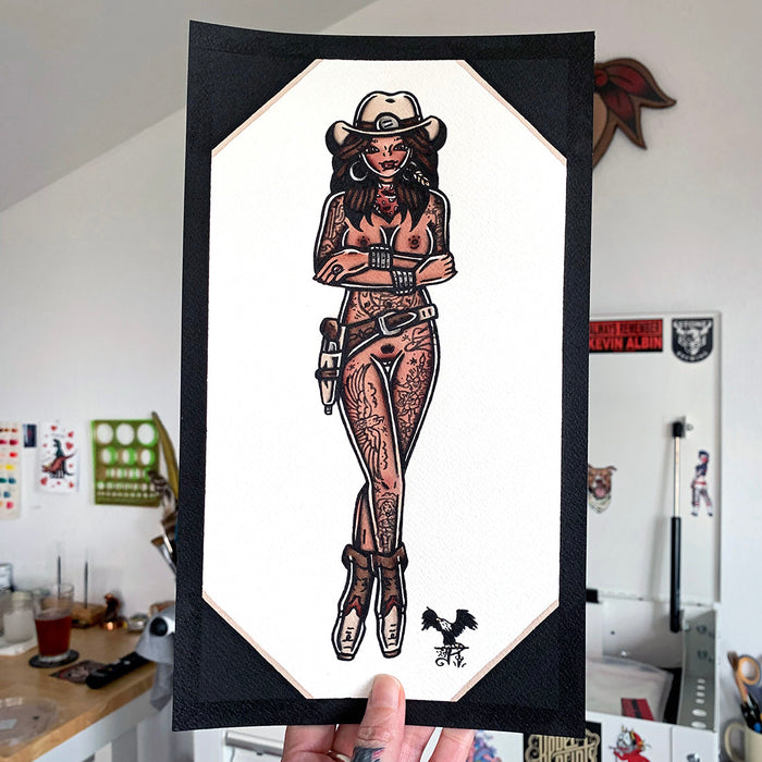 Holster Western Cowgirl Pinup watercolor painting.