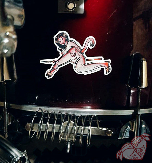 American traditional tattoo flash Horny Devil Pinup watercolor sticker.