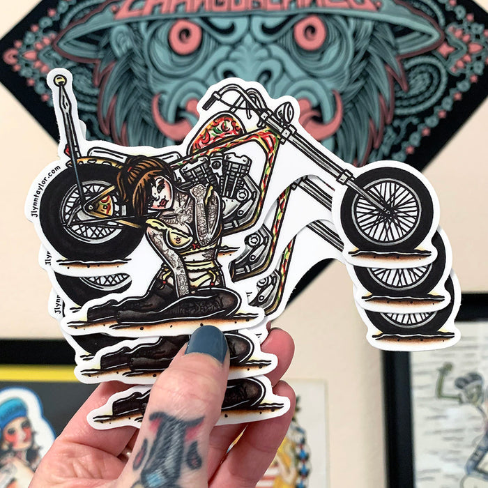 American traditional tattoo flash Ironhead Sportster Chopper Pinup watercolor sticker.