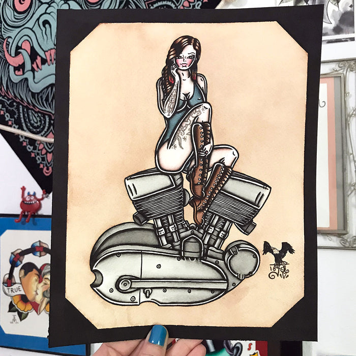 American Traditional tattoo flash sexy Harley-Davidson K-Model engine pinup spitshade painting.