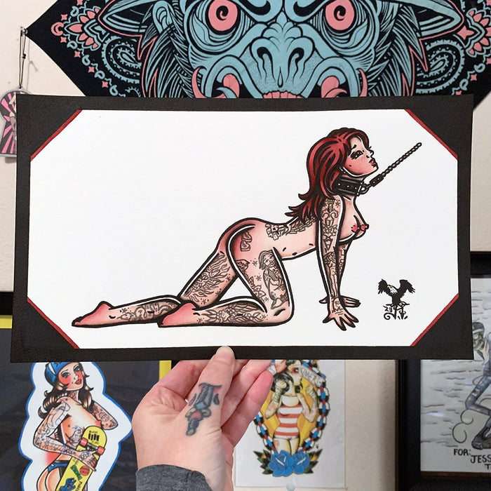 American traditional tattoo flash illustration Leather Leash Bondage Pinup watercolor painting.