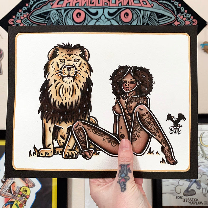 American traditional tattoo flash illustration African Lion Pinup watercolor painting.
