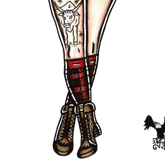 American Traditional tattoo flash Lumberjack Pinup watercolor painting.