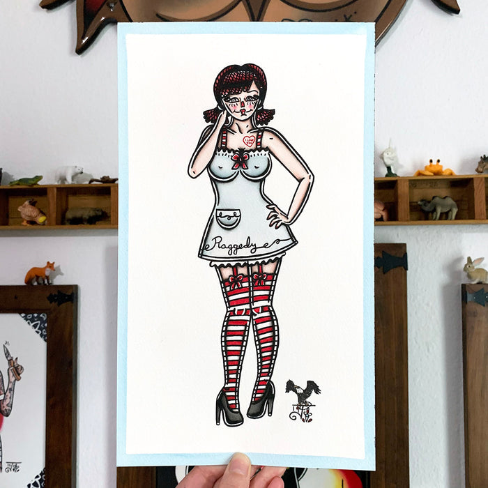 American traditional tattoo flash Raggedy Ann Doll Pinup watercolor painting.