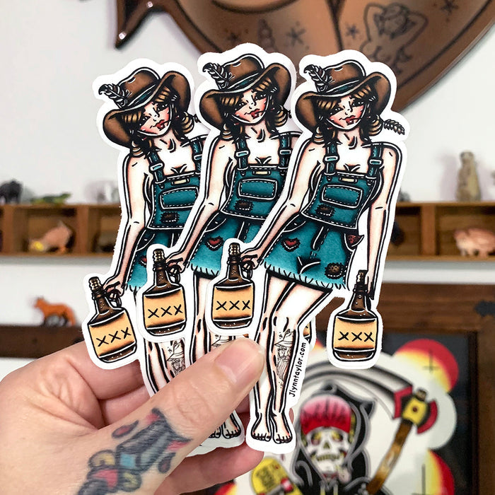 American traditional tattoo flash Hillbilly Moonshiner Pinup sticker.