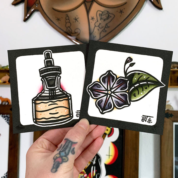American Traditional tattoo flash Vintage Ink Bottle and Morning Glory watercolor painting.