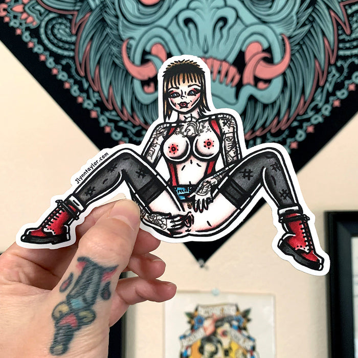 American traditional tattoo flash illustration Naughty Skinbyrd Pinup watercolor sticker.