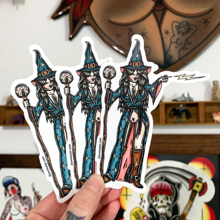 American traditional tattoo flash Naughty Wizard Pinup watercolor sticker.
