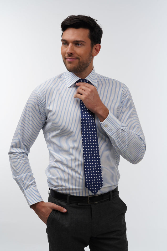 Navy & sky polka dot woven silk tie