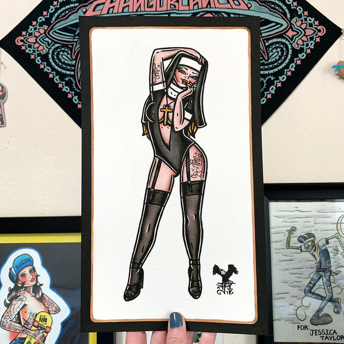 American traditional tattoo flash Nun Pinup watercolor painting.