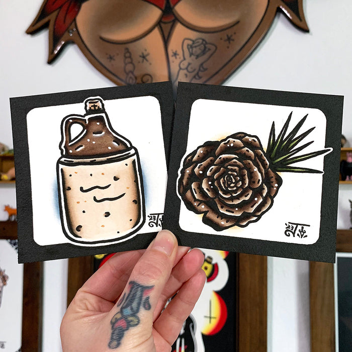 American traditional tattoo flash Whiskey Crock Jug and Pinecone Rosette watercolor paintings.
