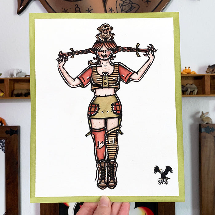 American traditional tattoo flash Pipi Longstocking Pinup watercolor painting.