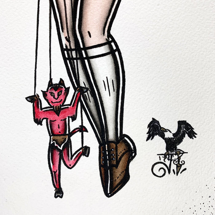 American traditional tattoo flash sexy topless puppeteer pinup print.