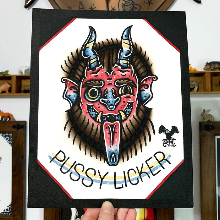 American traditional tattoo flash Pussy Licker Devil Head. watercolor illustration painting.