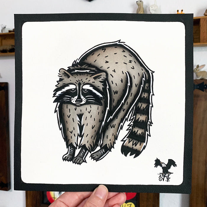 American traditional tattoo flash wildlife illustration Raccoon ink and watercolor painting.