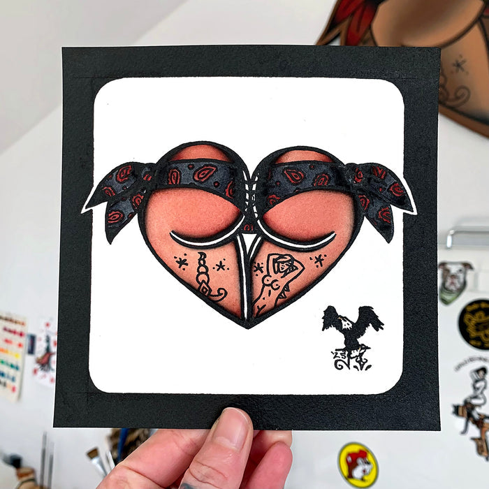 American traditional tattoo flash Red and Gray Paisley Scrunch Butt Bikini Booty Heart watercolor painting.