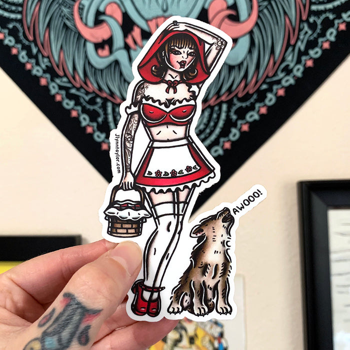 American traditional tattoo flash illustration Little Red Riding Hood Cosplay Pinup watercolor sticker.