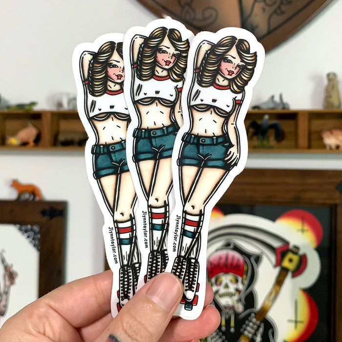 American traditional tattoo flash illustration Rollerskate Roller Girl Pinup watercolor stickers.