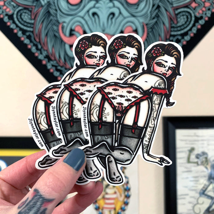 American traditional tattoo flash Rose Lingerie Pinup watercolor sticker.