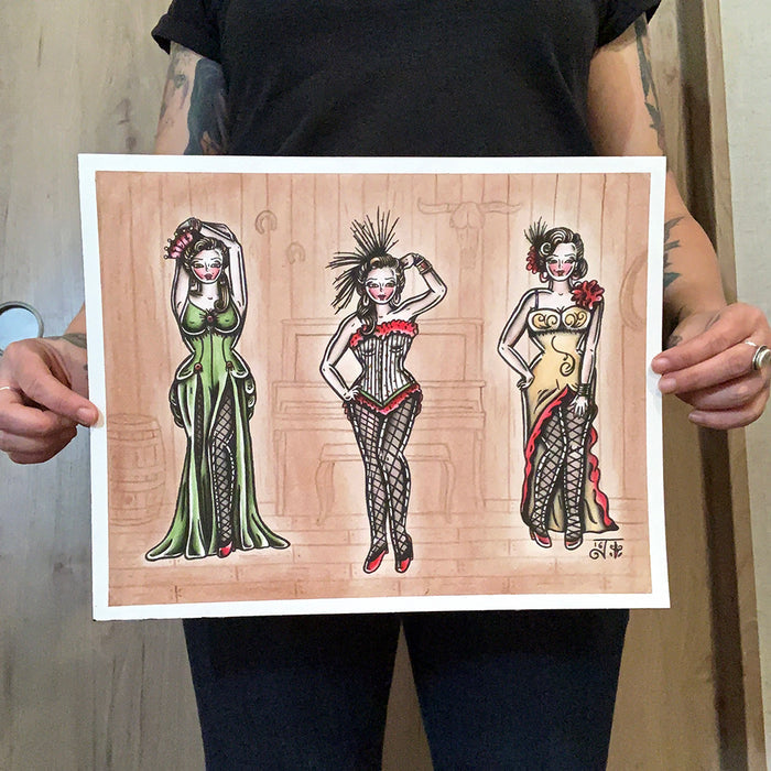 American Traditional tattoo flash saloon girl pinup watercolor painting.