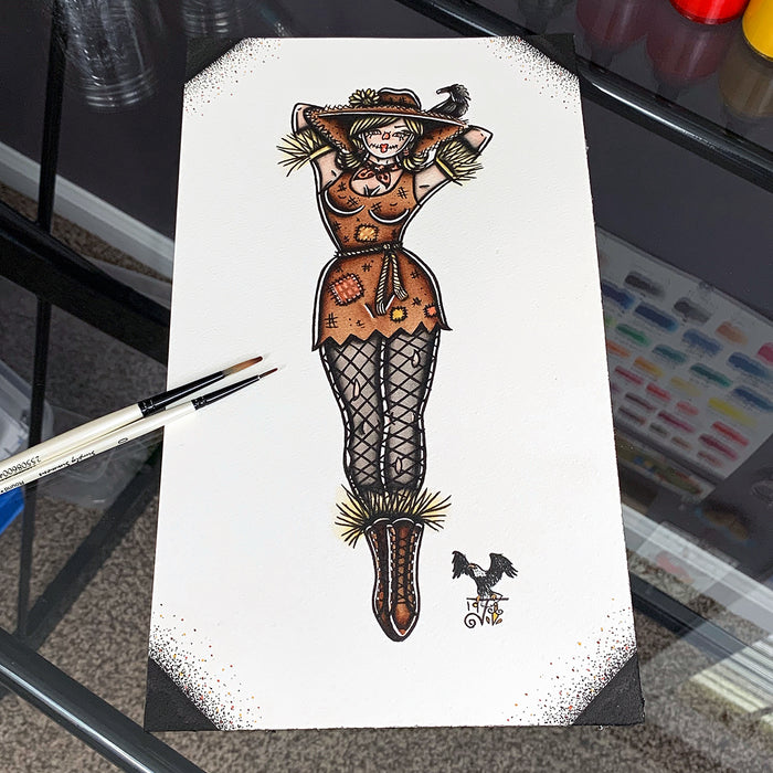 American Traditional tattoo flash Scarecrow Pinup watercolor painting.