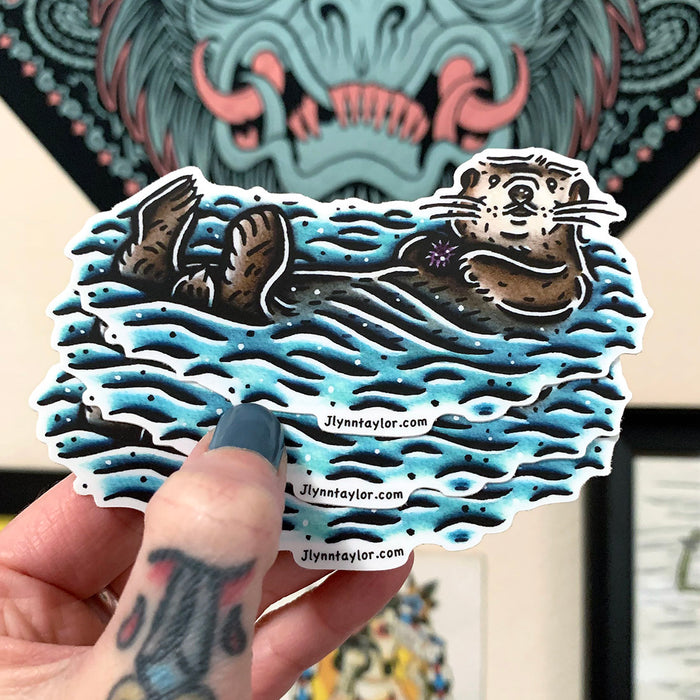American traditional tattoo flash illustration Sea Otter watercolor sticker.