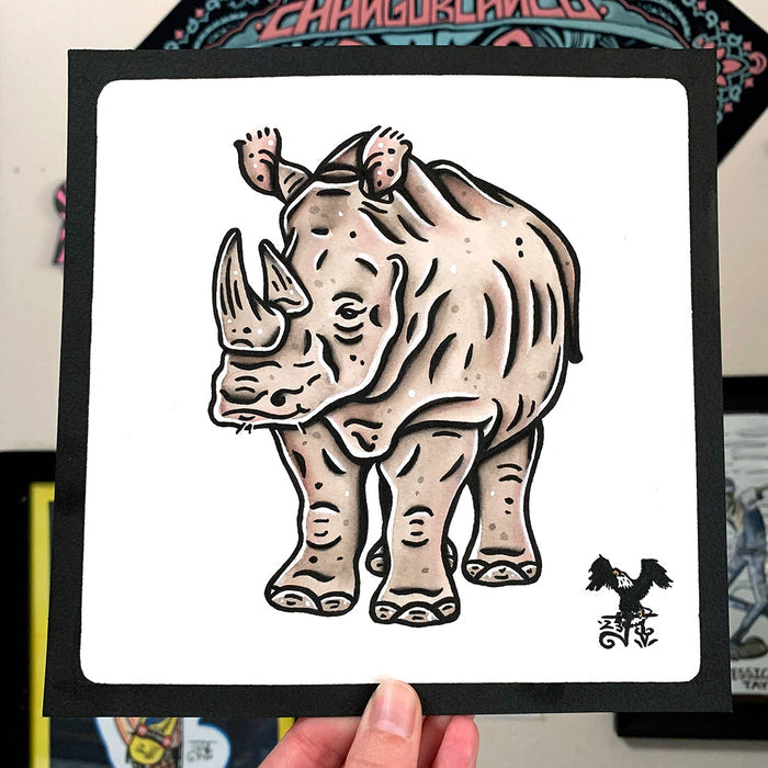 American traditional tattoo flash wildlife illustration White Rhinoceros watercolor painting.