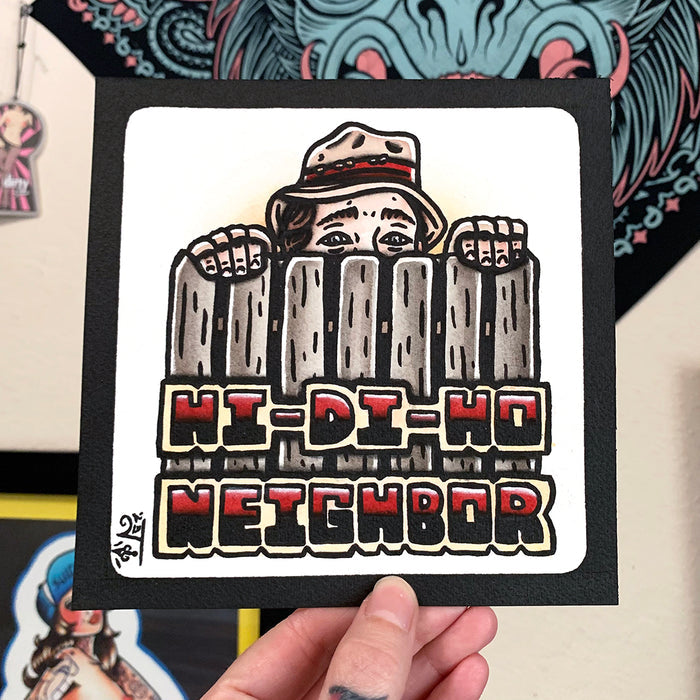 American traditional tattoo flash Wilson Home Improvement Hi Di Ho Neighbor watercolor painting.