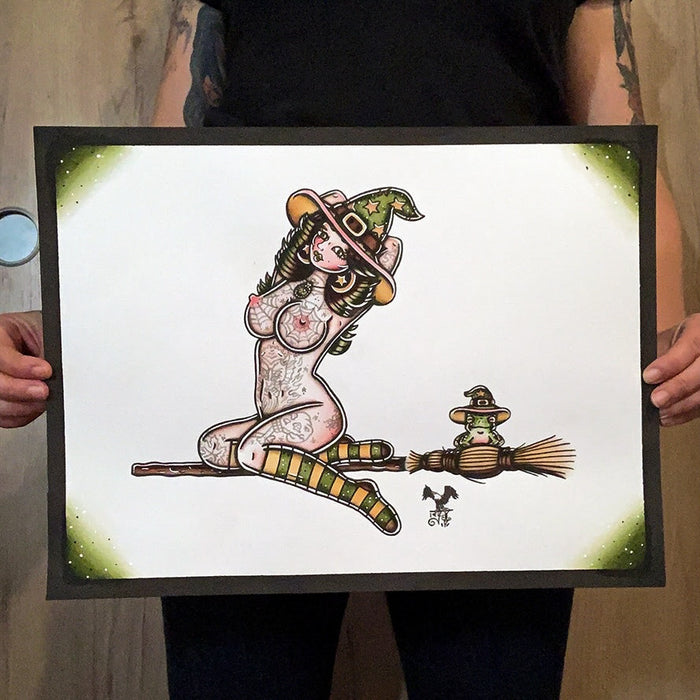 American traditional tattoo flash illustration nude Witch and Toad Pinup ink and watercolor painting.
