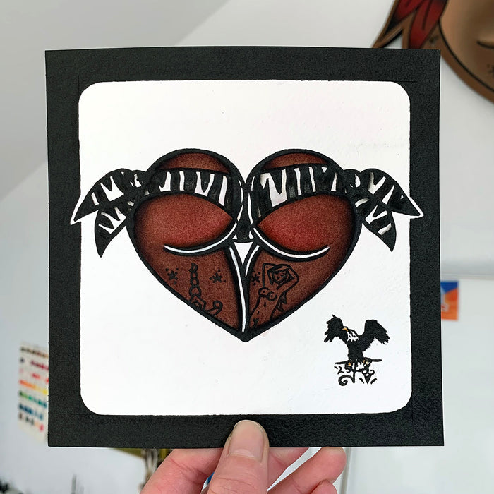 American traditional tattoo flashZebra Print Scrunch Butt Bikini Booty Heart watercolor painting.