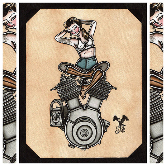 American Traditional tattoo flash sexy Harley Davidson 1909 V-Twin engine pinup spitshade painting.