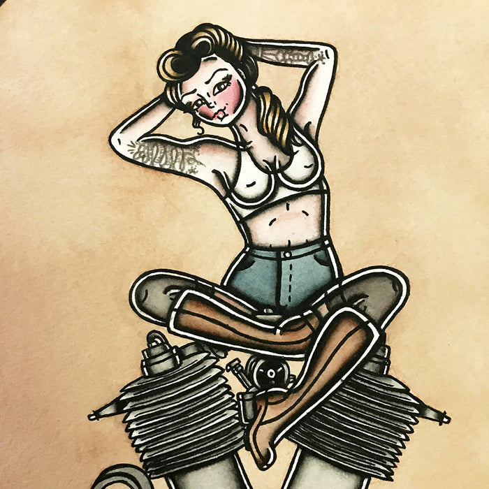 American Traditional tattoo flash sexy Harley Davidson 1909 V-Twin engine pinup spitshade painting.