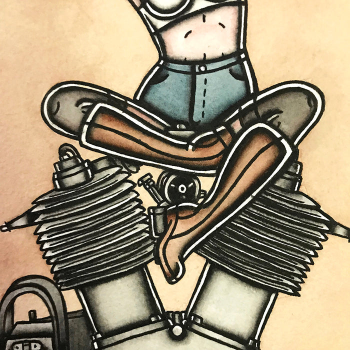 American Traditional tattoo flash sexy Harley Davidson 1909 V-Twin engine pinup spitshade painting.