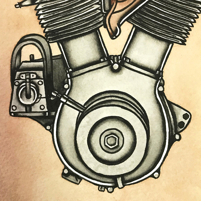 American Traditional tattoo flash sexy Harley Davidson 1909 V-Twin engine pinup spitshade painting.