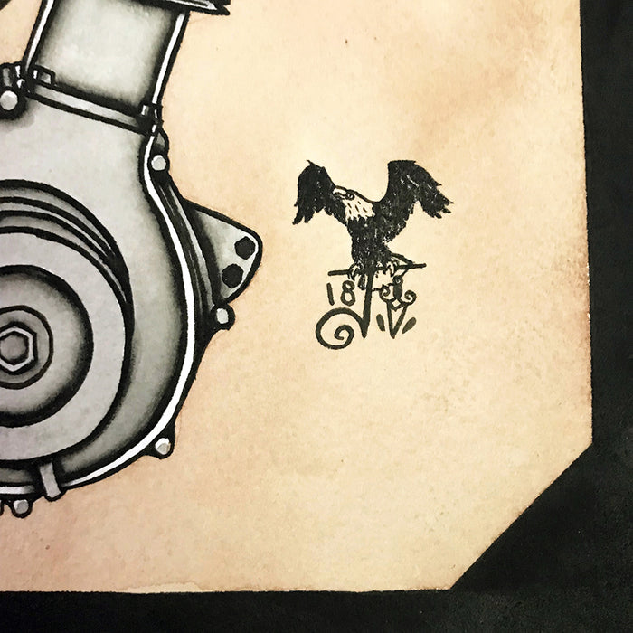American Traditional tattoo flash sexy Harley Davidson 1909 V-Twin engine pinup spitshade painting.