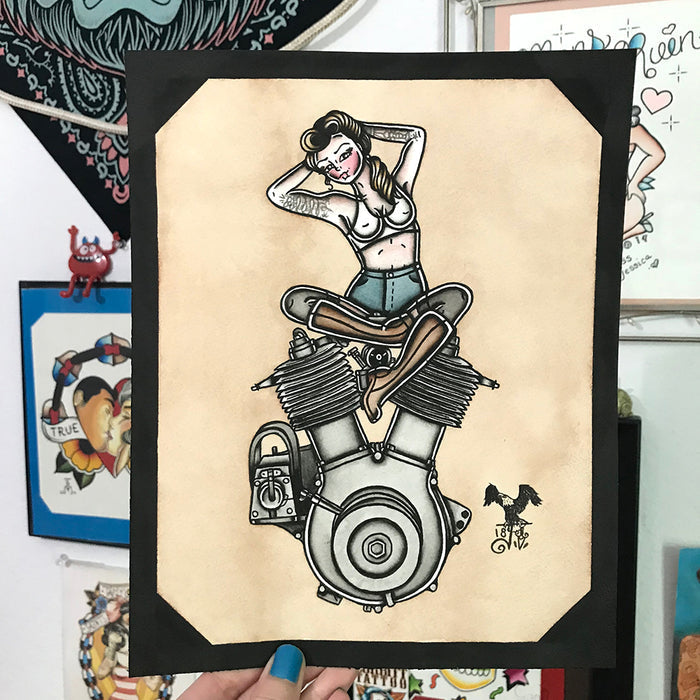 American Traditional tattoo flash sexy Harley Davidson 1909 V-Twin engine pinup spitshade painting.