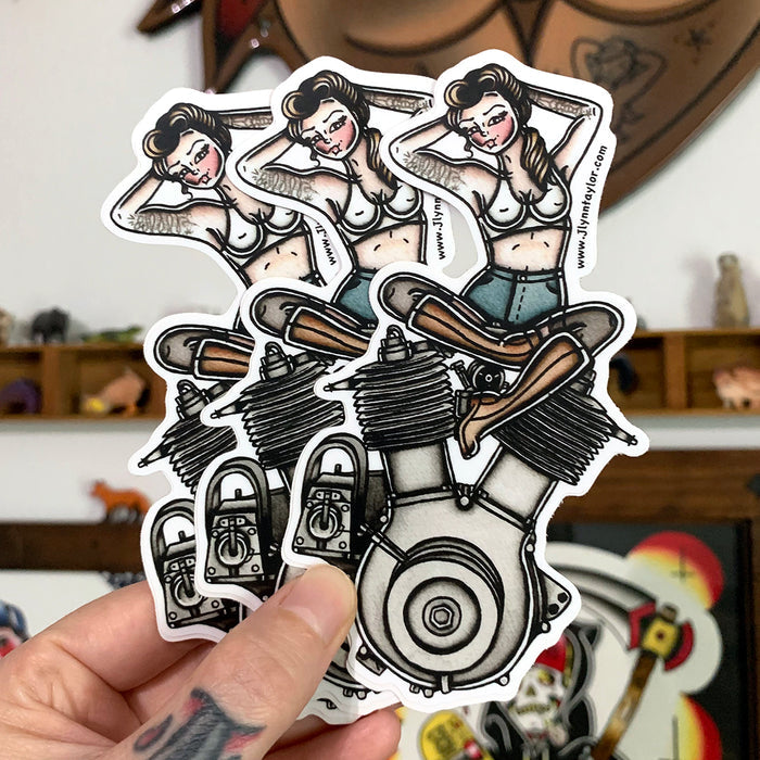 American Traditional tattoo flash illustration Harley Motorcycle 1909 V-Twin Engine Pinup watercolor sticker.