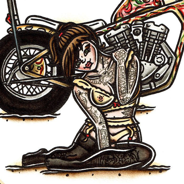 American traditional tattoo flash illustration 1971 Harley Davidson Ironhead Chopper Pinup painting.