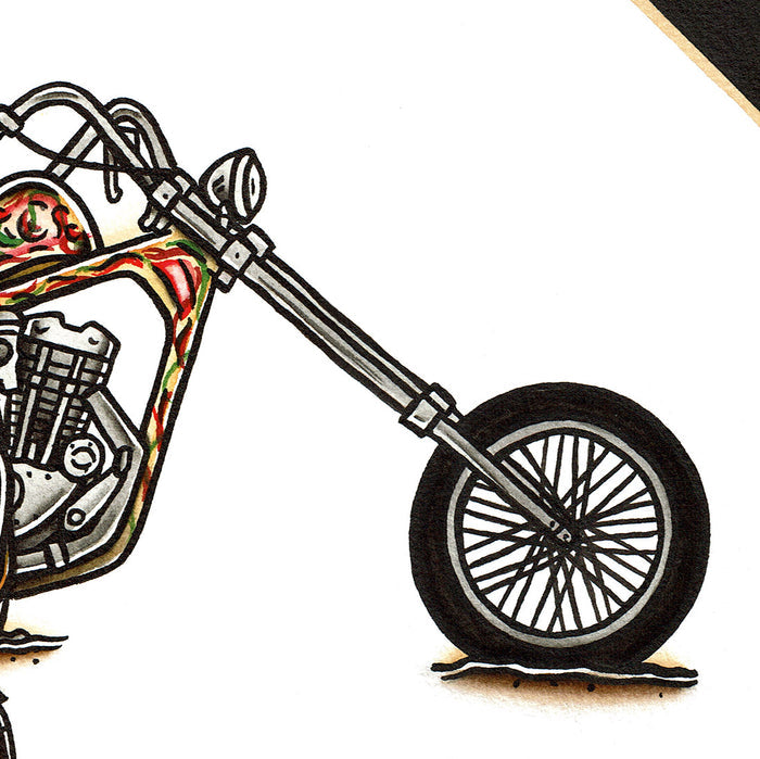 American traditional tattoo flash illustration 1971 Harley Davidson Ironhead Chopper Pinup painting.